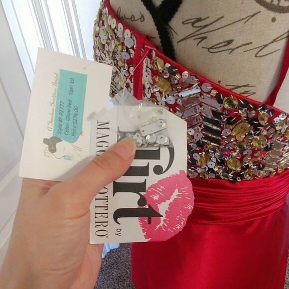 NWT Beaded Bust Red Satin Jeweled Flirt by Maggie Sottero Sheath Prom 10 - Picture 7 of 10